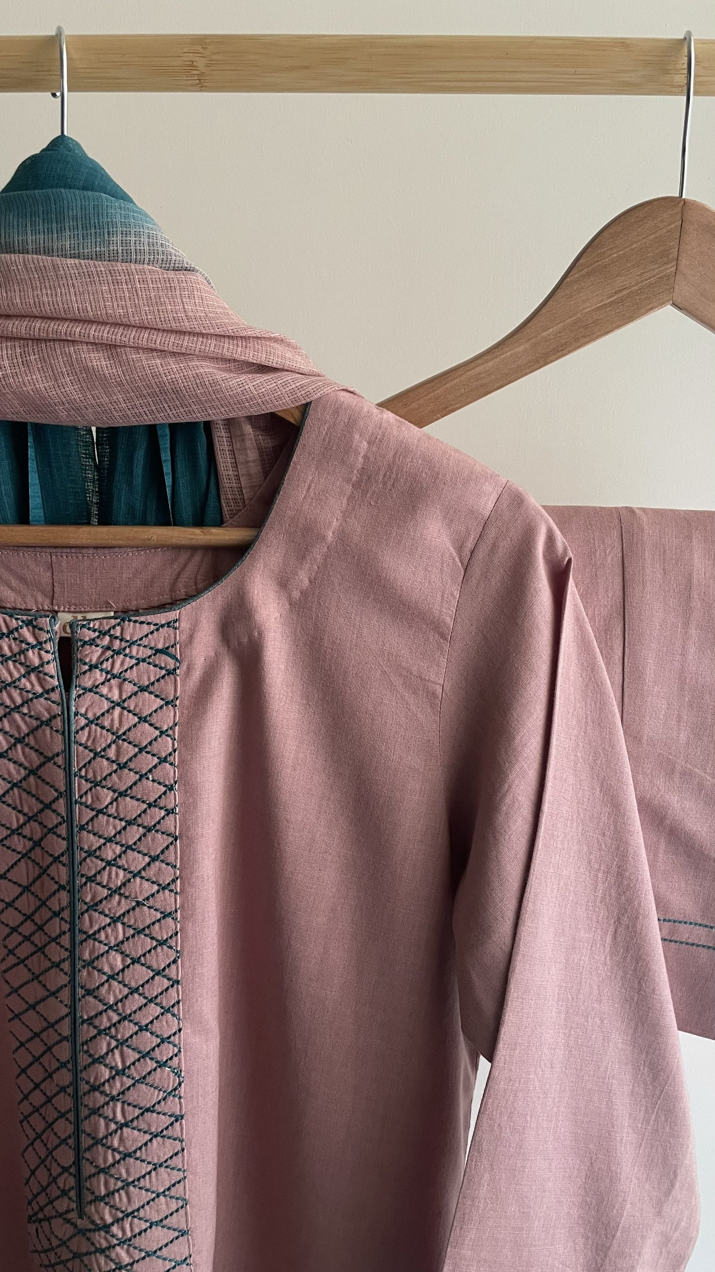 Rose pink & Teal Thread Embroidery Suit Set