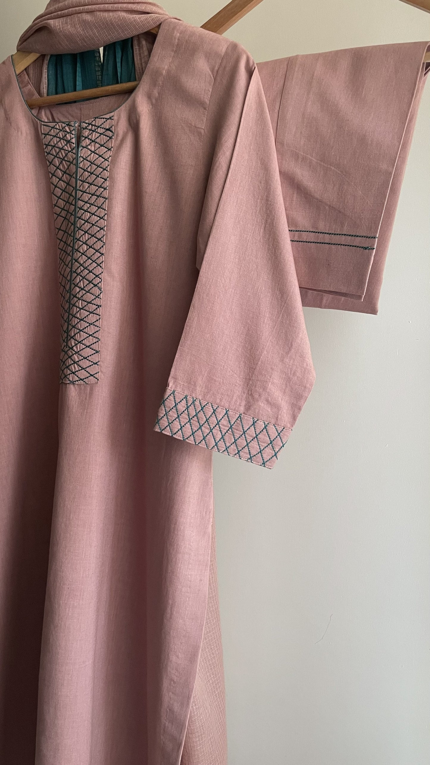Rose pink & Teal Thread Embroidery Suit Set