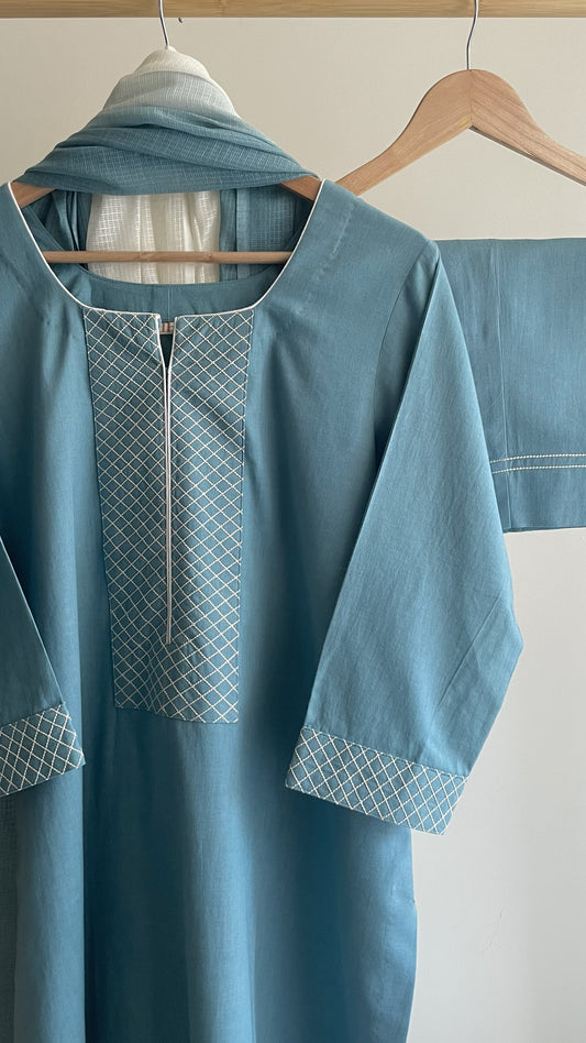 White & Turquoise Thread Embroidery Suit Set