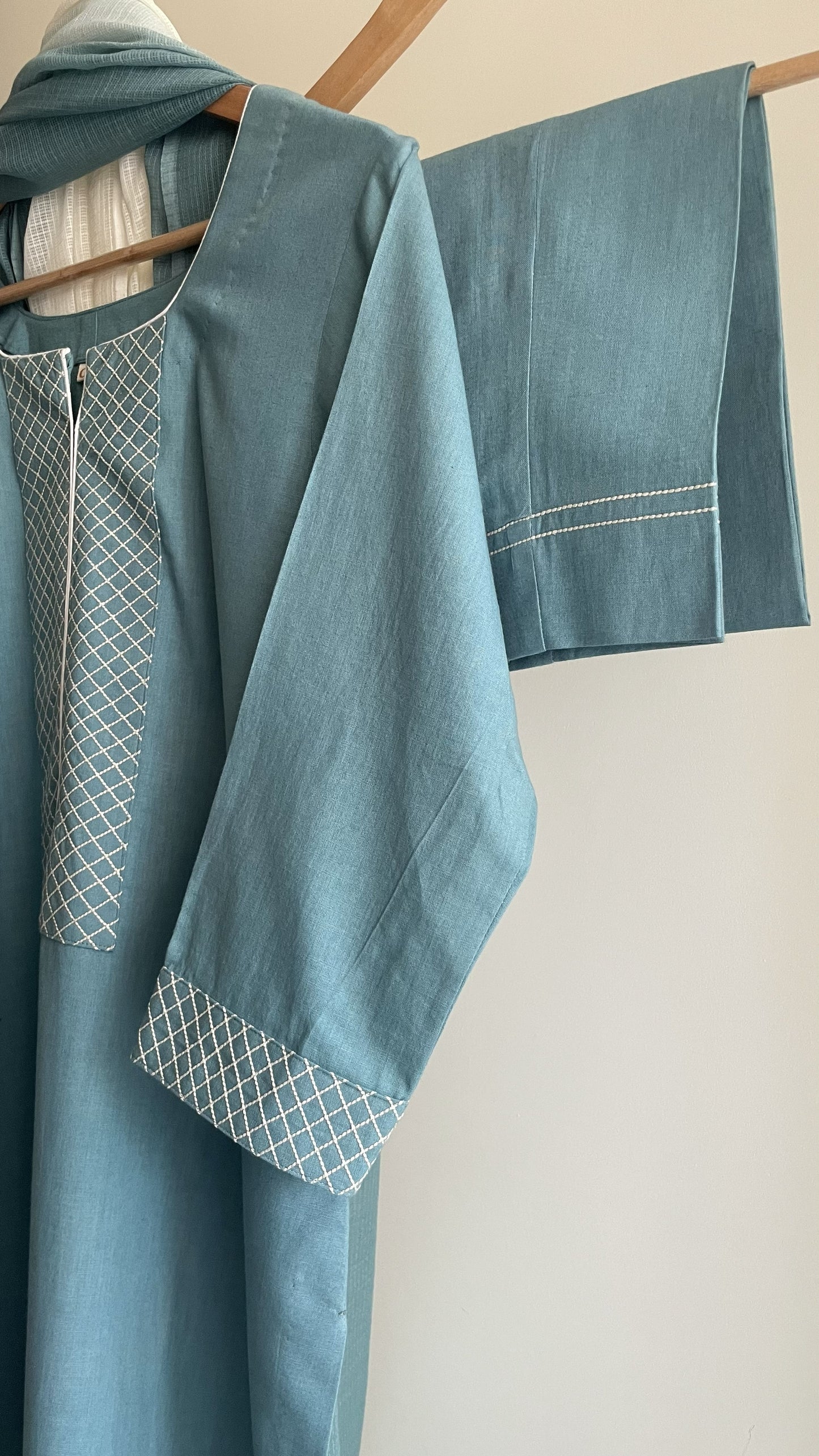 White & Turquoise Thread Embroidery Suit Set