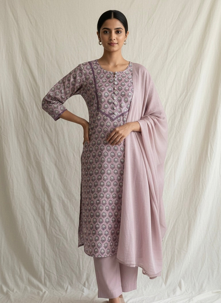 Lilac Cotton Suit with Crochet Lace and Loop Buttons