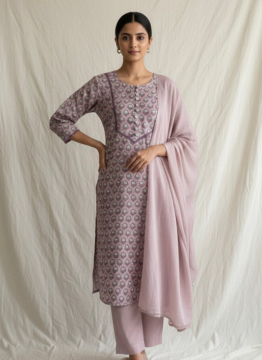 Lilac Cotton Suit with Crochet Lace and Loop Buttons