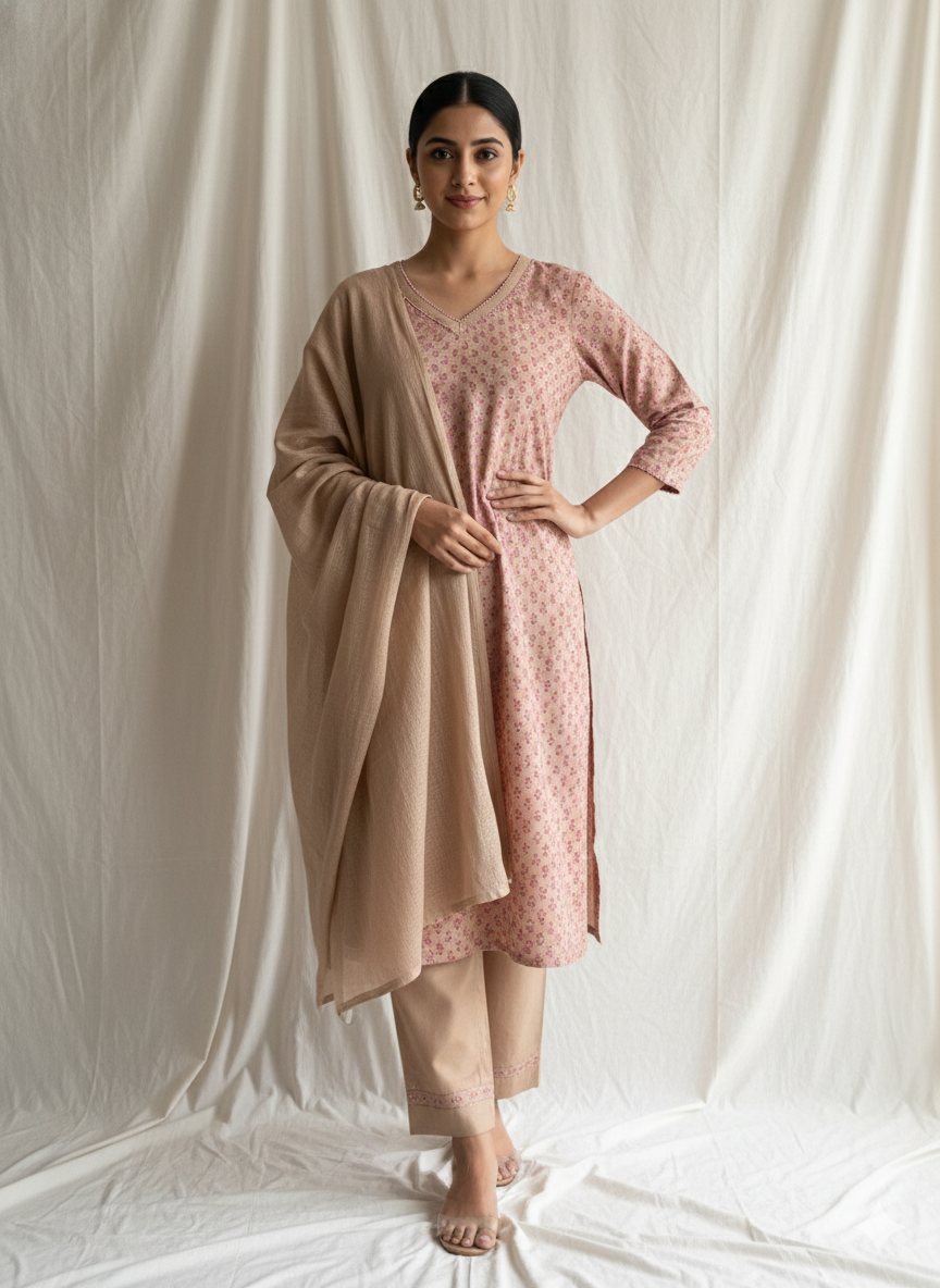 Beige Handblock Printed Suit Set