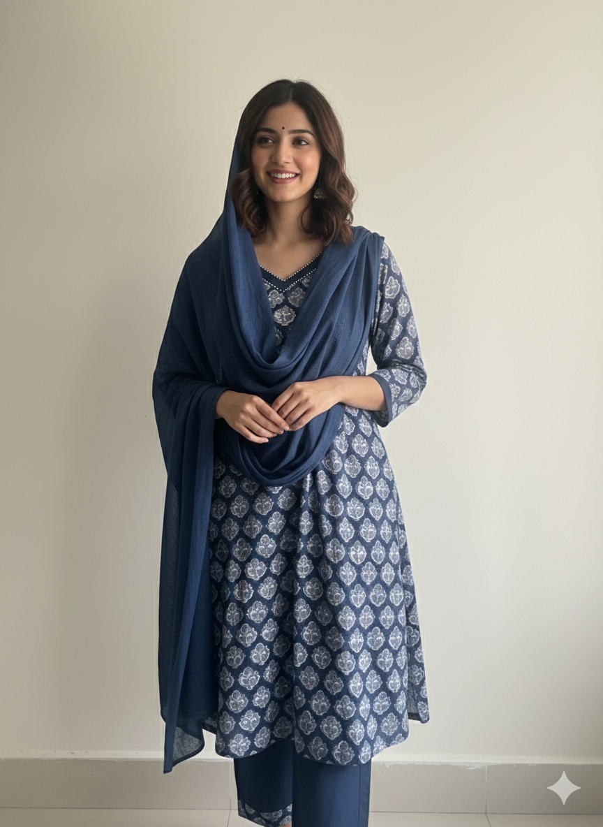 Navy Handblock Printed Cotton suit set