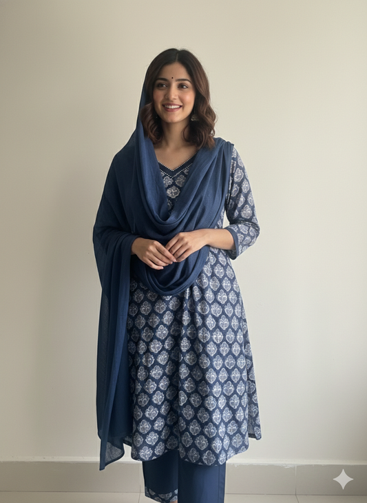 Navy Handblock Printed Cotton suit set