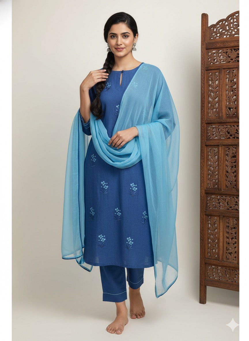 Navy Floral Embroidered Set