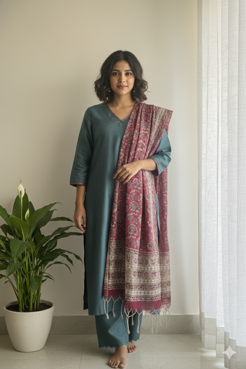 Teal Handblock Printed Chanderi Suit Set