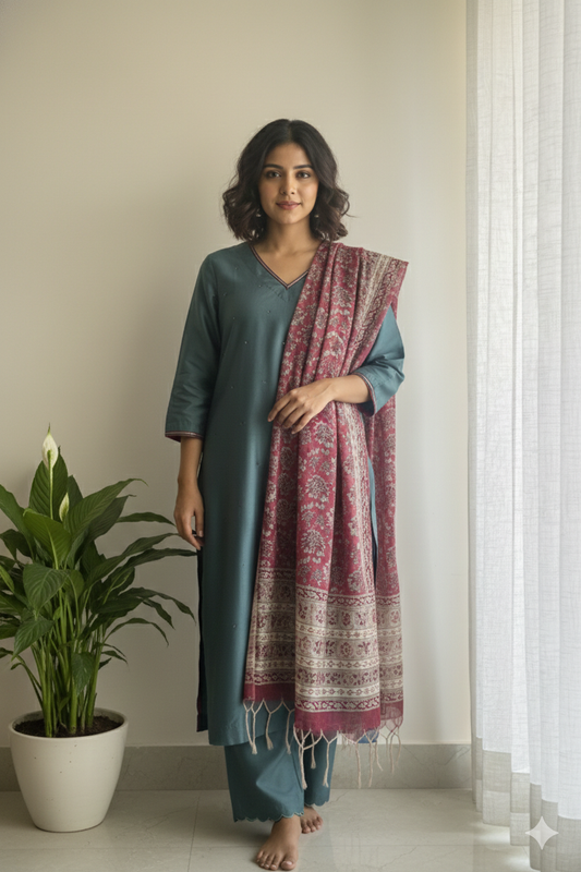 Teal Handblock Printed Chanderi Suit Set