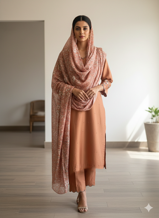 Terracotta Chanderi Suit set with Handblock printed dupatta