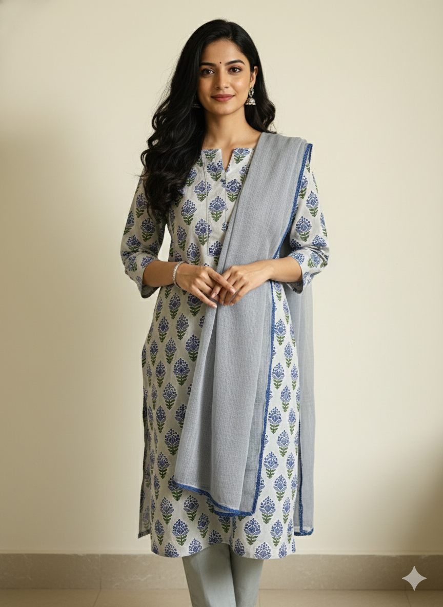 Dusty blue Handblock Printed Suit Set