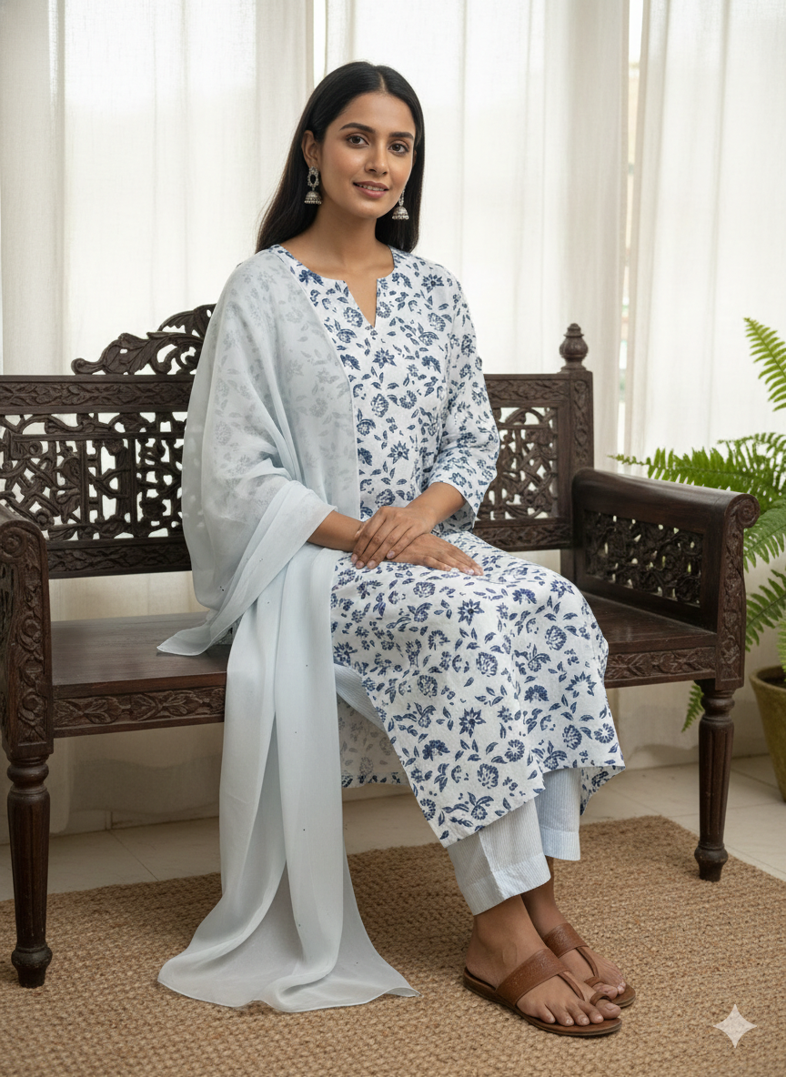Chalk Blue Floral Kurta Set