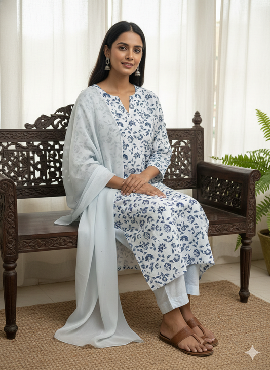 Chalk Blue Floral Kurta Set
