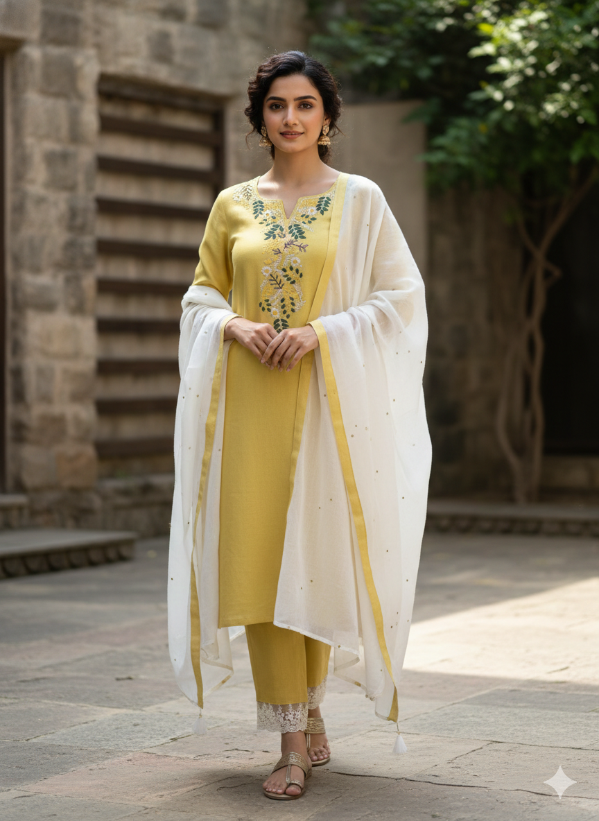 Yellow Floral Embroidered Set