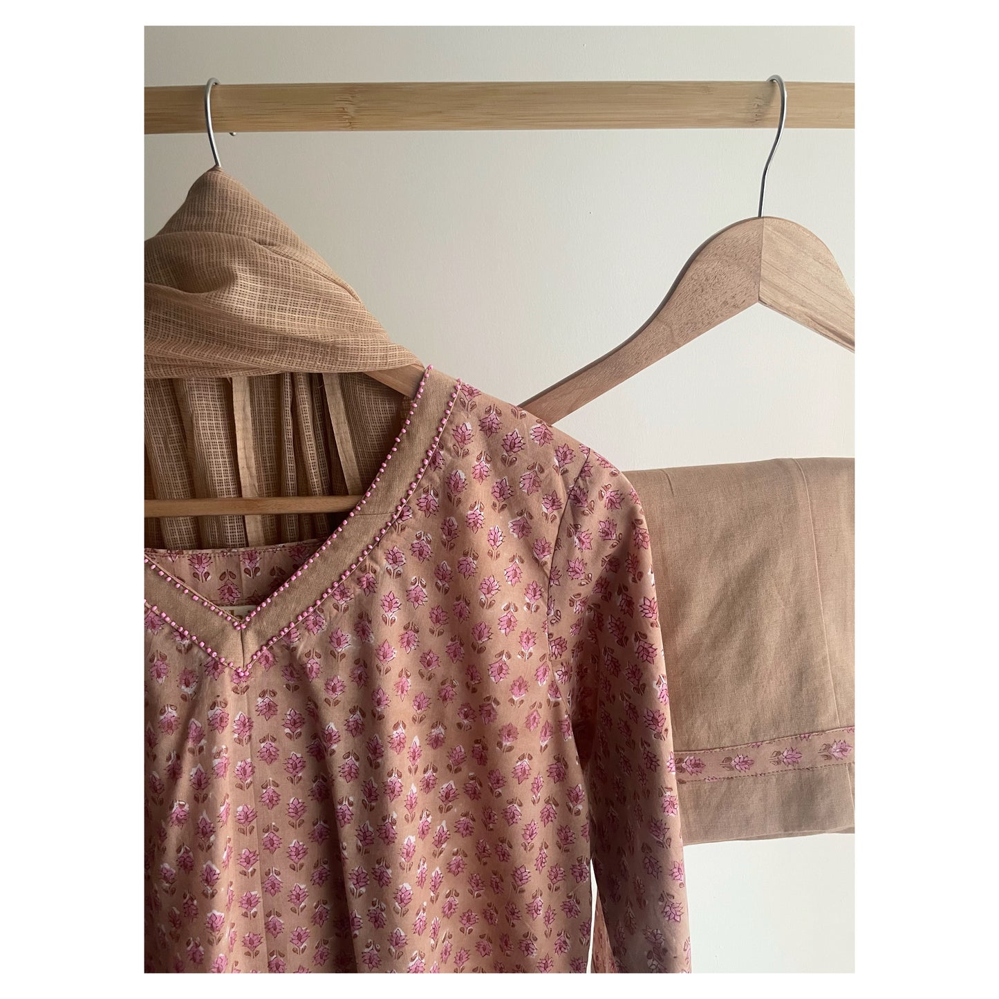 Beige Handblock Printed Suit Set