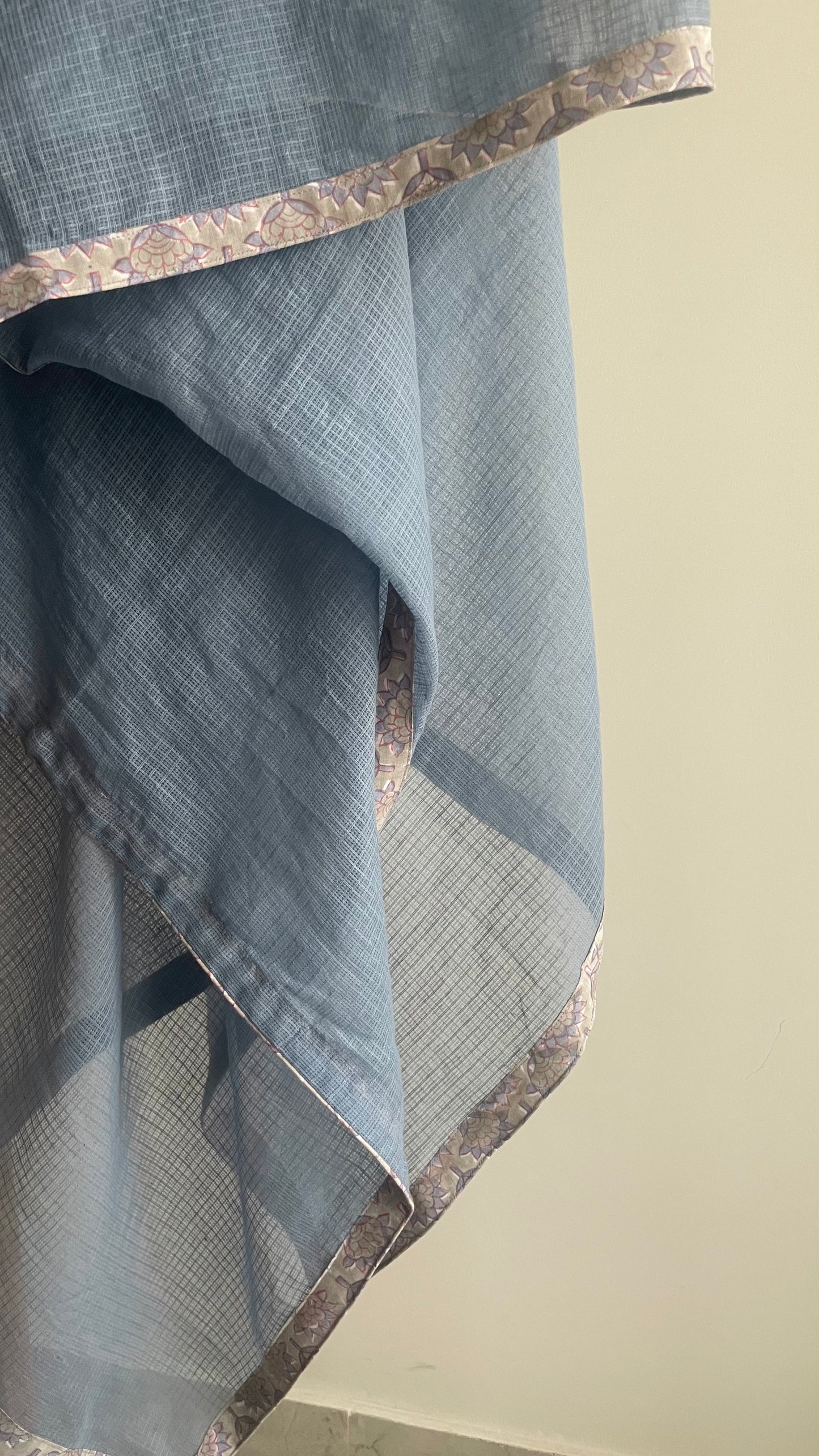 Blue Linen Kurta Set with Hand-Block Printed Pants